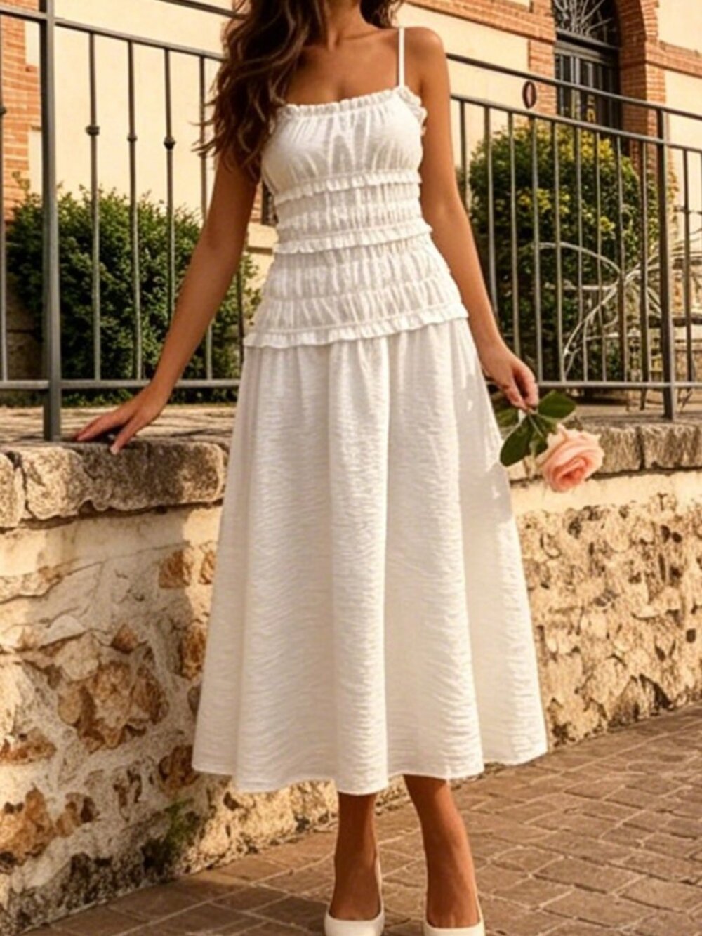 White Elegant Women's Multi-Layer Ruffle Slim Fit Spaghetti Strap Maxi Dress - Picture 7 of 7